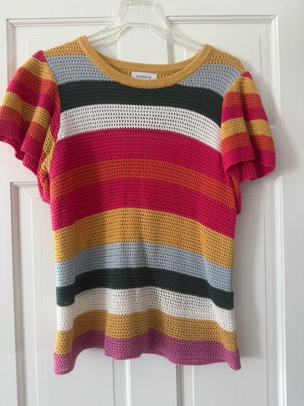 Fun Evereve Striped Multi-ColorCrochet Short Sleeve Top, Sz Lg but Fits Like M